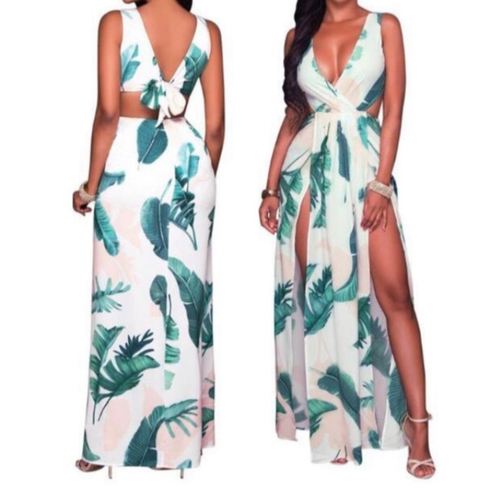 L’ATISTE by Amy Palm Print Maxi Dress Jumpsuit Size Small